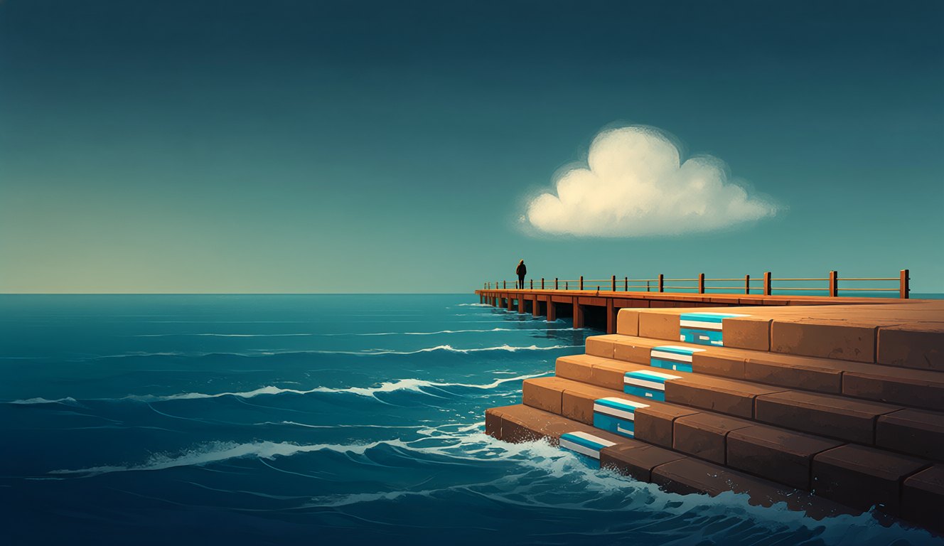 Illustration of a lone figure on a pier at dusk watching a small cloud drift out to sea while the tide rises up a set of stone steps with painted level marks: Stage 3 relief fading as bracket creep returns