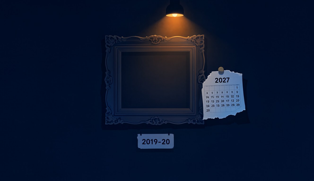 An empty picture frame labelled 2019-20 with a 2027 calendar page pinned beside it, representing Australia's missing ABS median household income data