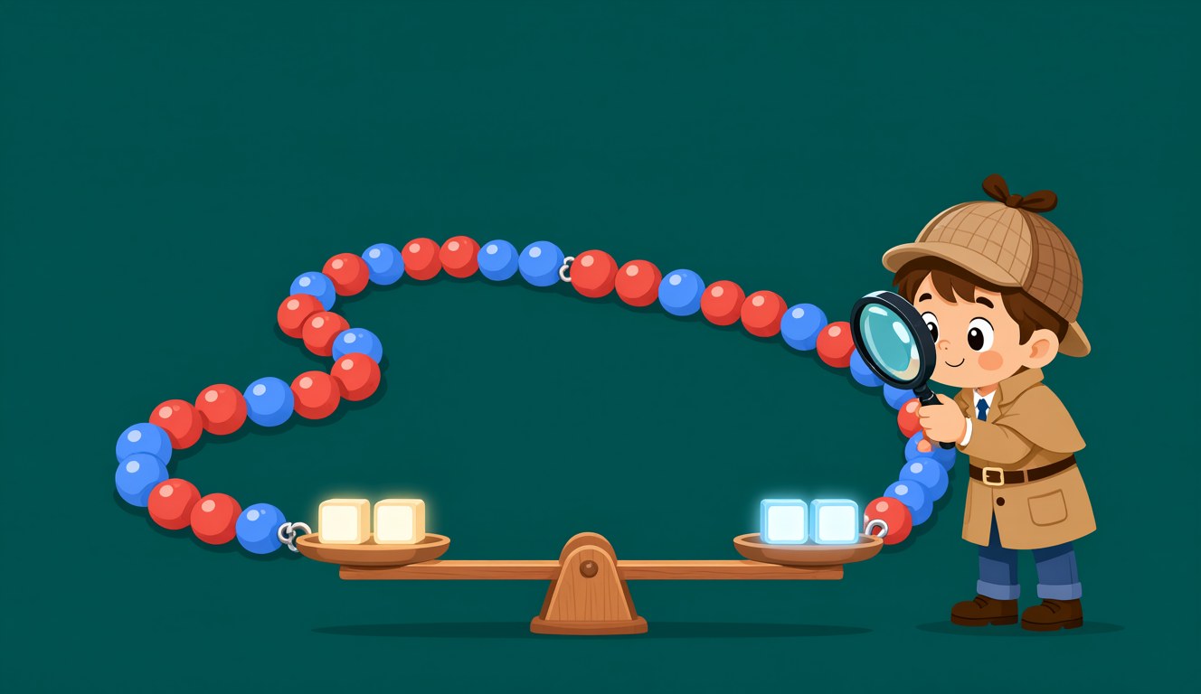 A kid detective with a magnifying glass examining a red-and-blue bead necklace beside a level see-saw holding glowing number blocks