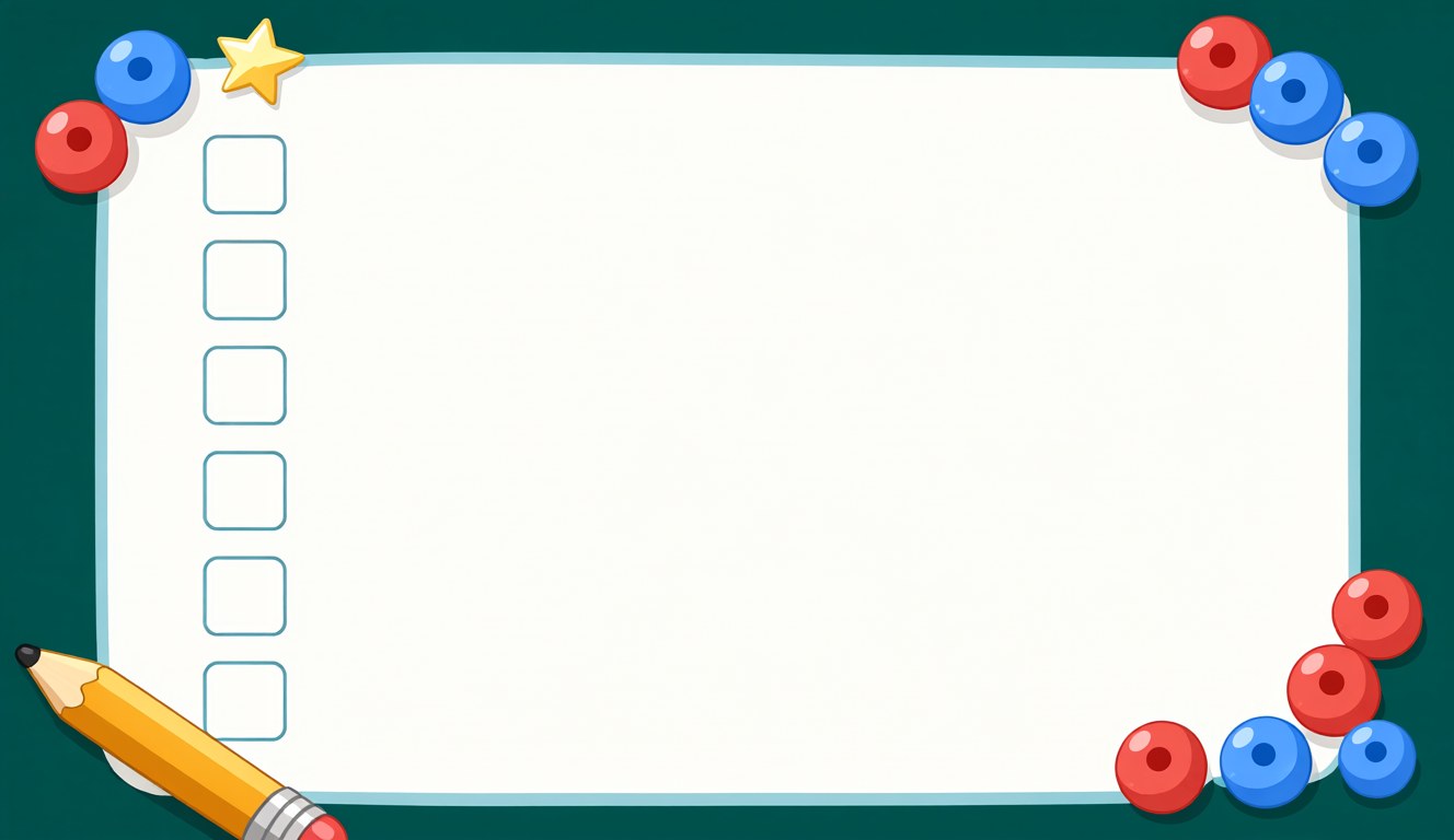 A practice answer sheet with rounded option boxes, a pencil, and red and blue beads at the corners