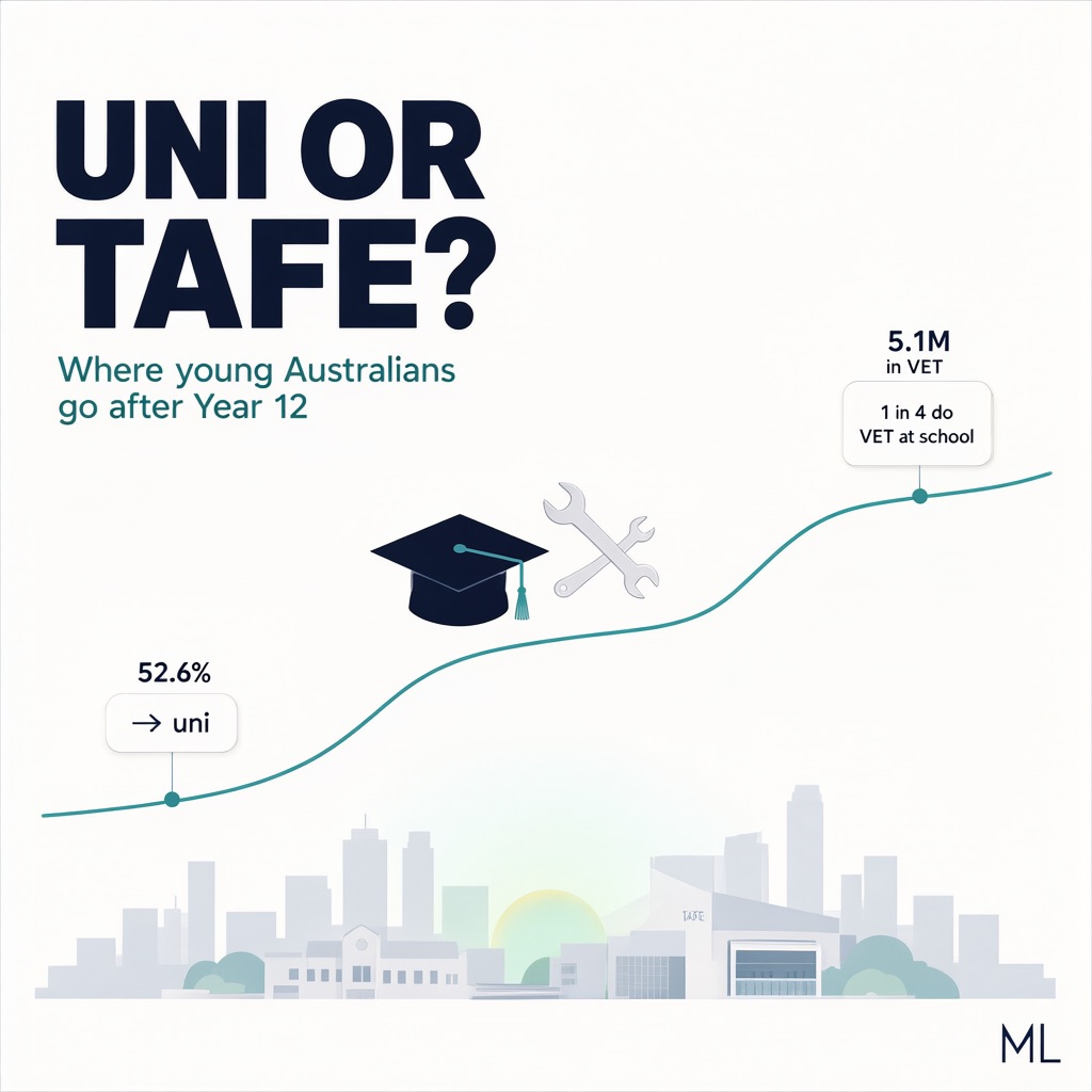 Flat vector editorial illustration of Australian school leavers splitting into a university path and a TAFE vocational path, with rising enrolment data