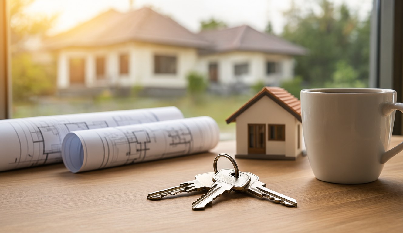 New house keys next to rolled blueprints, a model house and a coffee on a wooden table