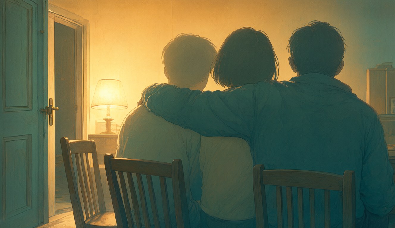 A small room glowing with warm lamplight, where people once felt safe together