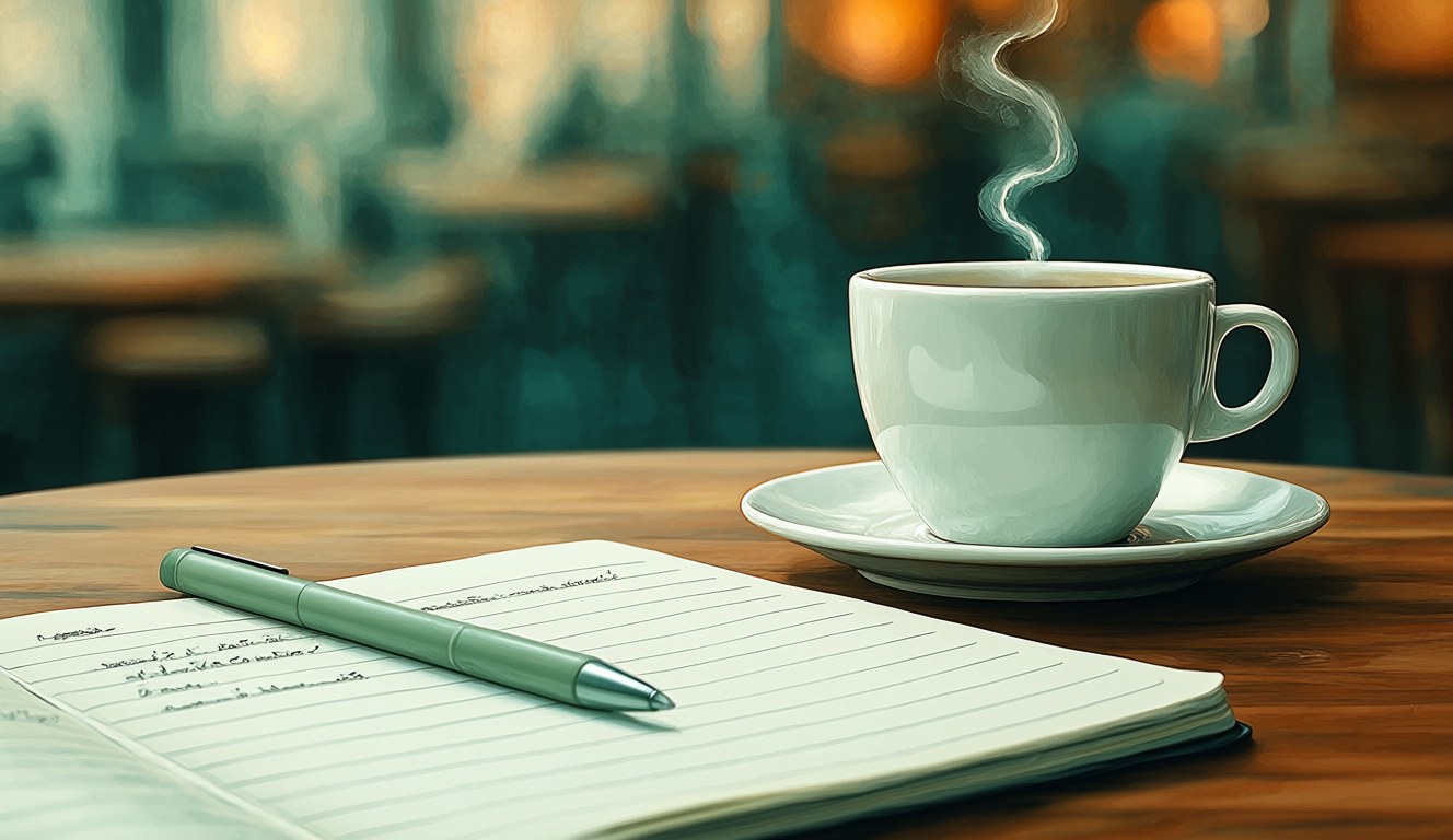 A coffee cup with a curl of steam beside a green pen on an open lined notepad