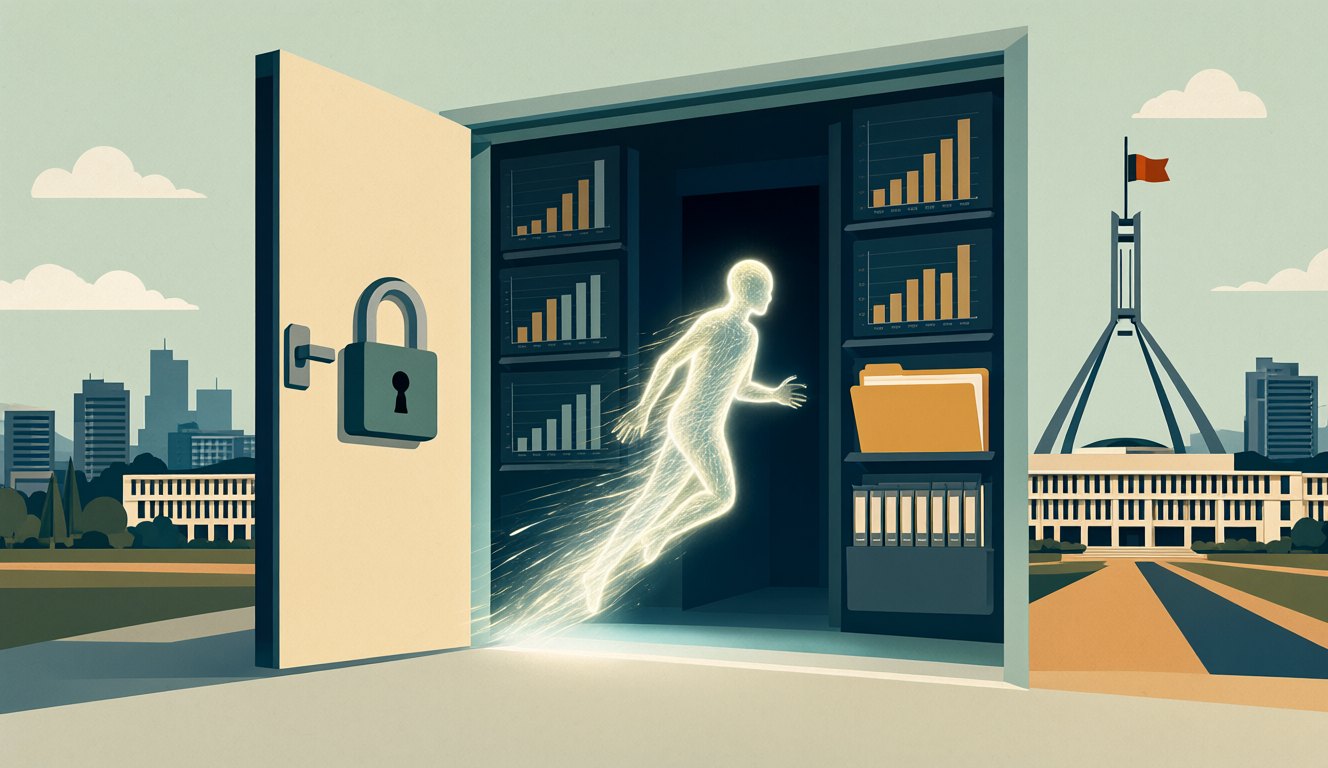 An AI agent slipping through an open digital doorway into a government data vault