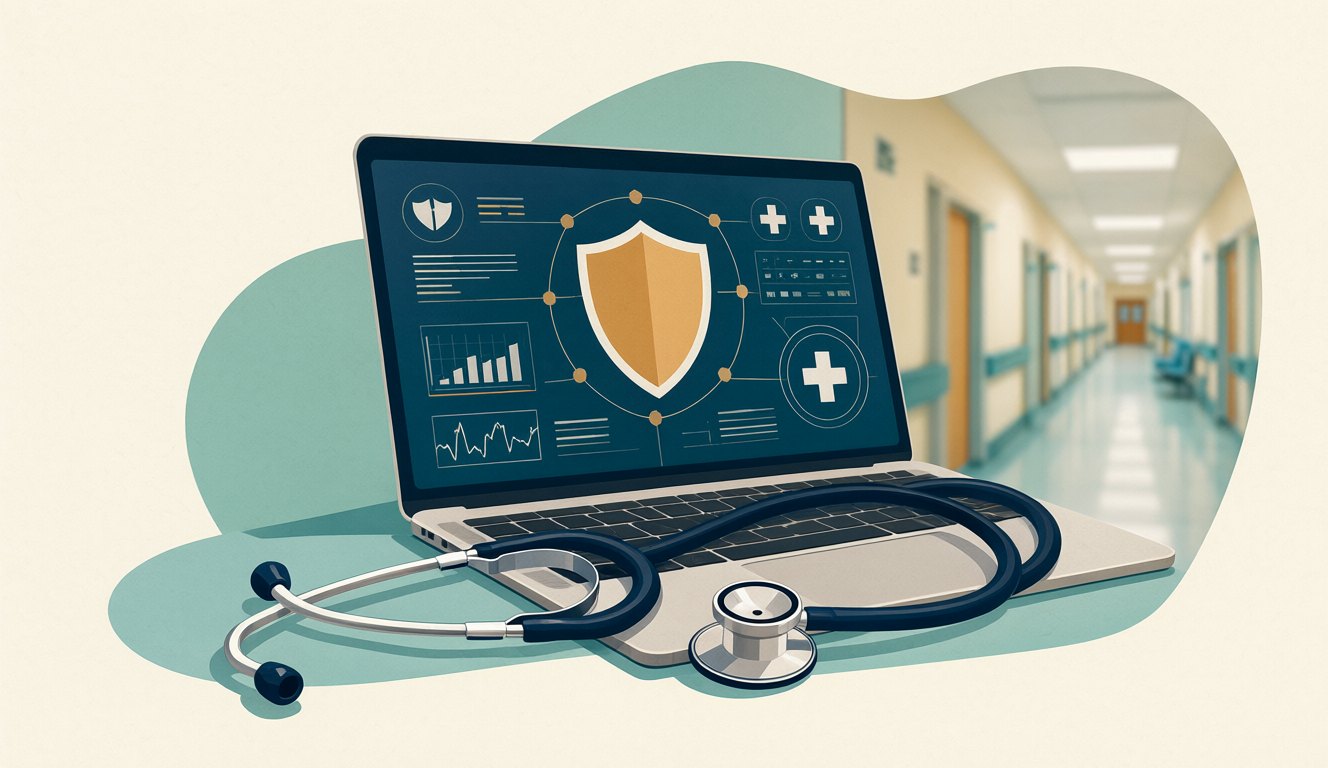 A stethoscope on a laptop showing health statistics dashboards, protecting patient data