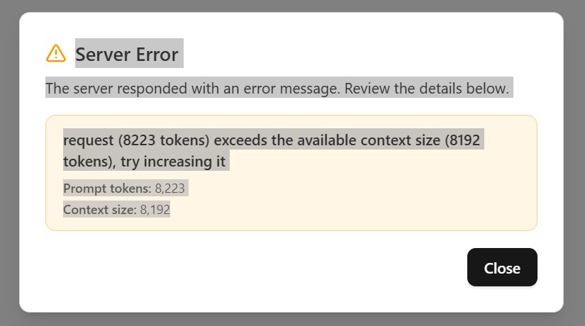 llama.cpp server error: request (8223 tokens) exceeds the available context size (8192 tokens)