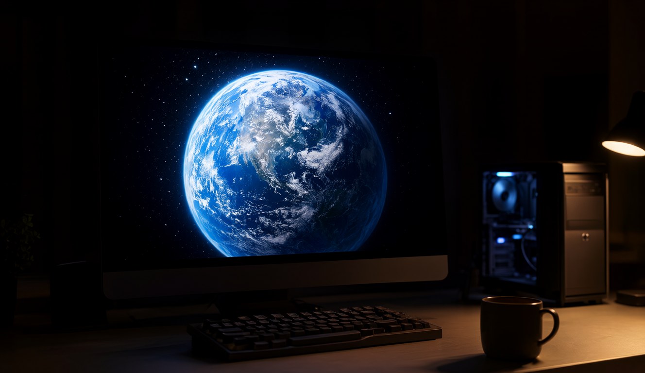 A desktop monitor in a dark room showing a glowing 3D Earth