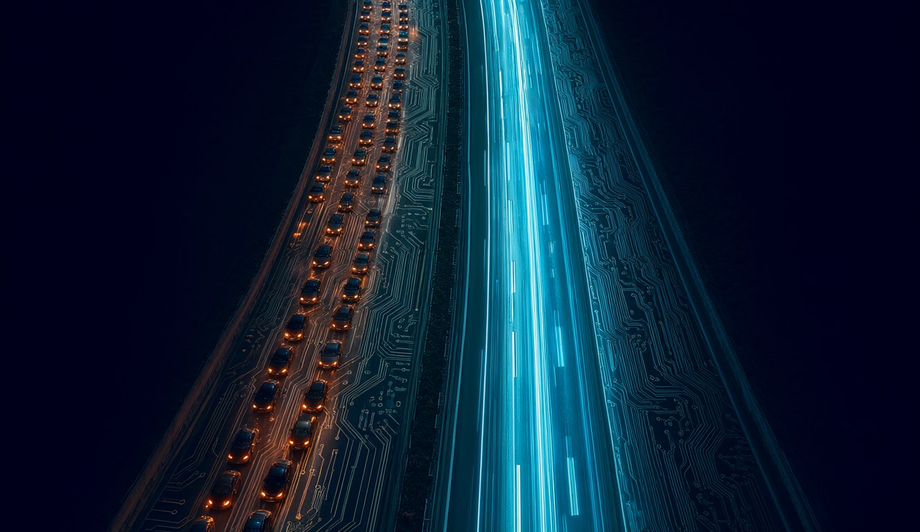 Two roads: a slow, jammed lane and a fast open lane, like the Vulkan and CUDA builds of llama.cpp