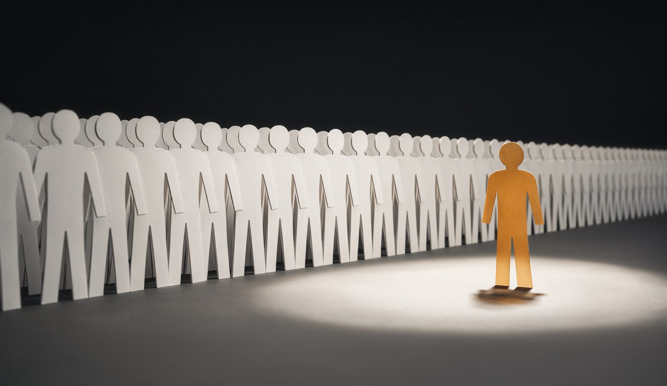 A row of identical paper figures, with one slightly different figure standing outside the line