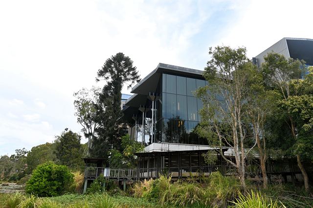 A glass building behind trees beside UQ Lakes